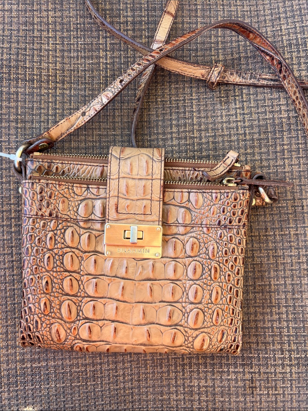 Brahmin Tan Croc-Embossed Leather Crossbody with Turn-Lock